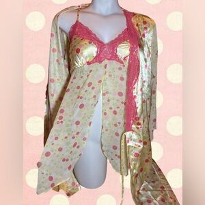Secret Treasures Cream Polka Dot Satin Chemise & Robe with Pink Lace Trim